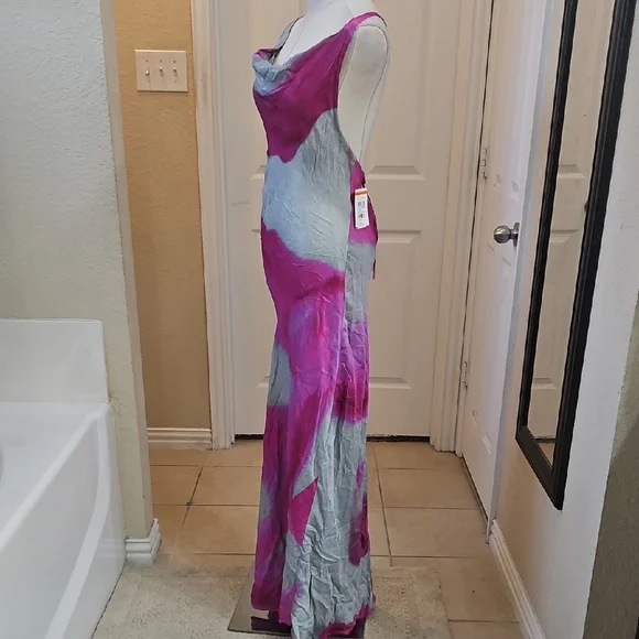 Topshop Vibrant Pink and Gray Cowl Neck Satin Maxi Dress Size 6 - Picture 7 of 11